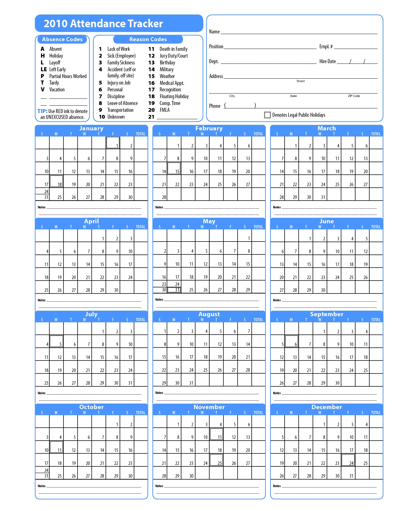 2020 employee attendance calendar | calendar for planning