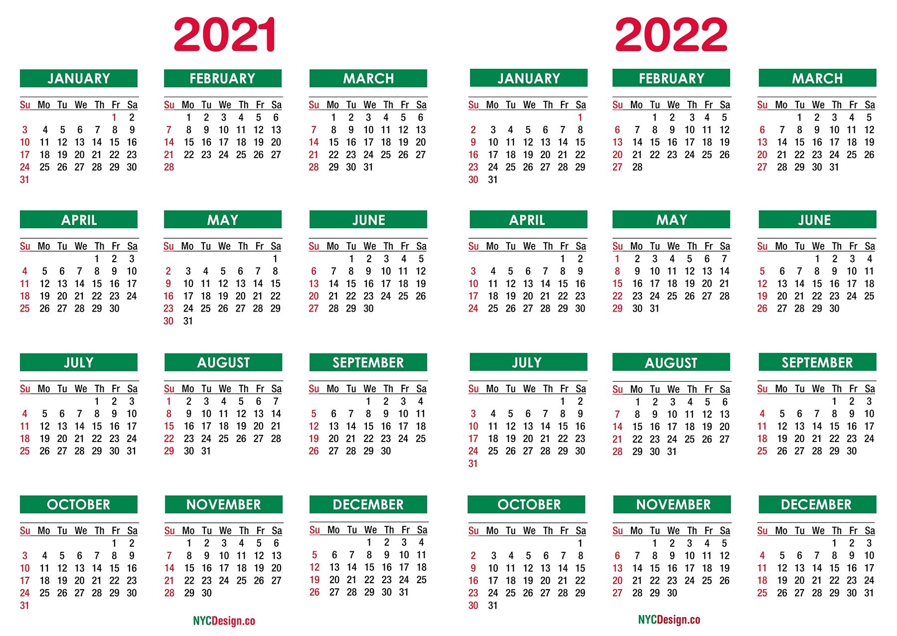 2021 2022 two year calendar printable free, green