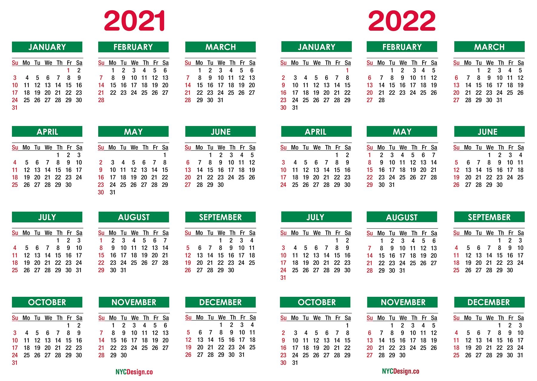 2021 2022 Two Year Calendar Printable Free, Green