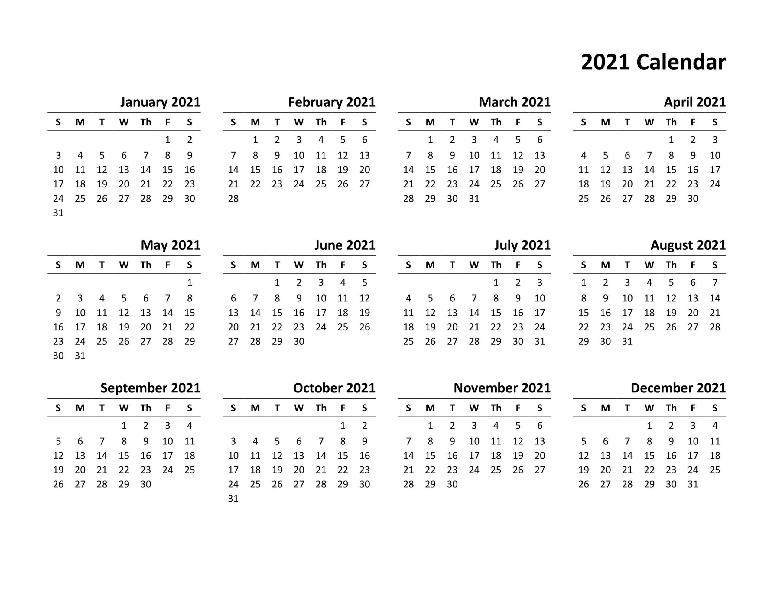 2021 Blank Yearly Calendar Full Page For Adult | Free
