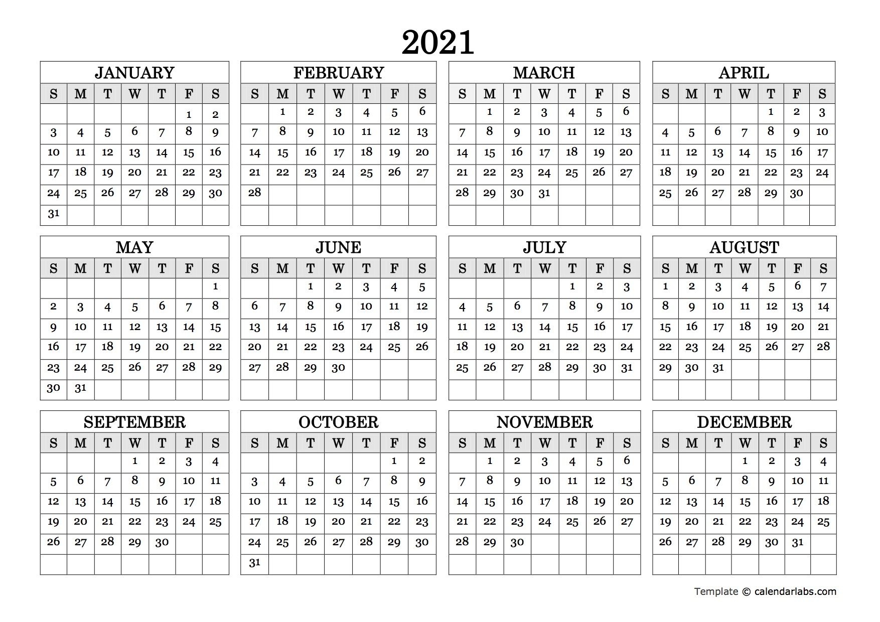 2021 blank yearly calendar landscape free printable