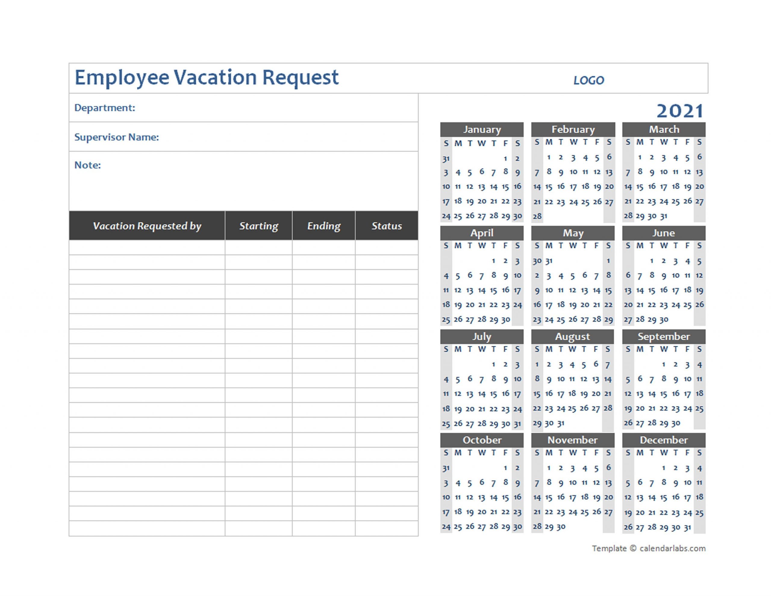 2021 Business Employee Vacation Request Free Printable