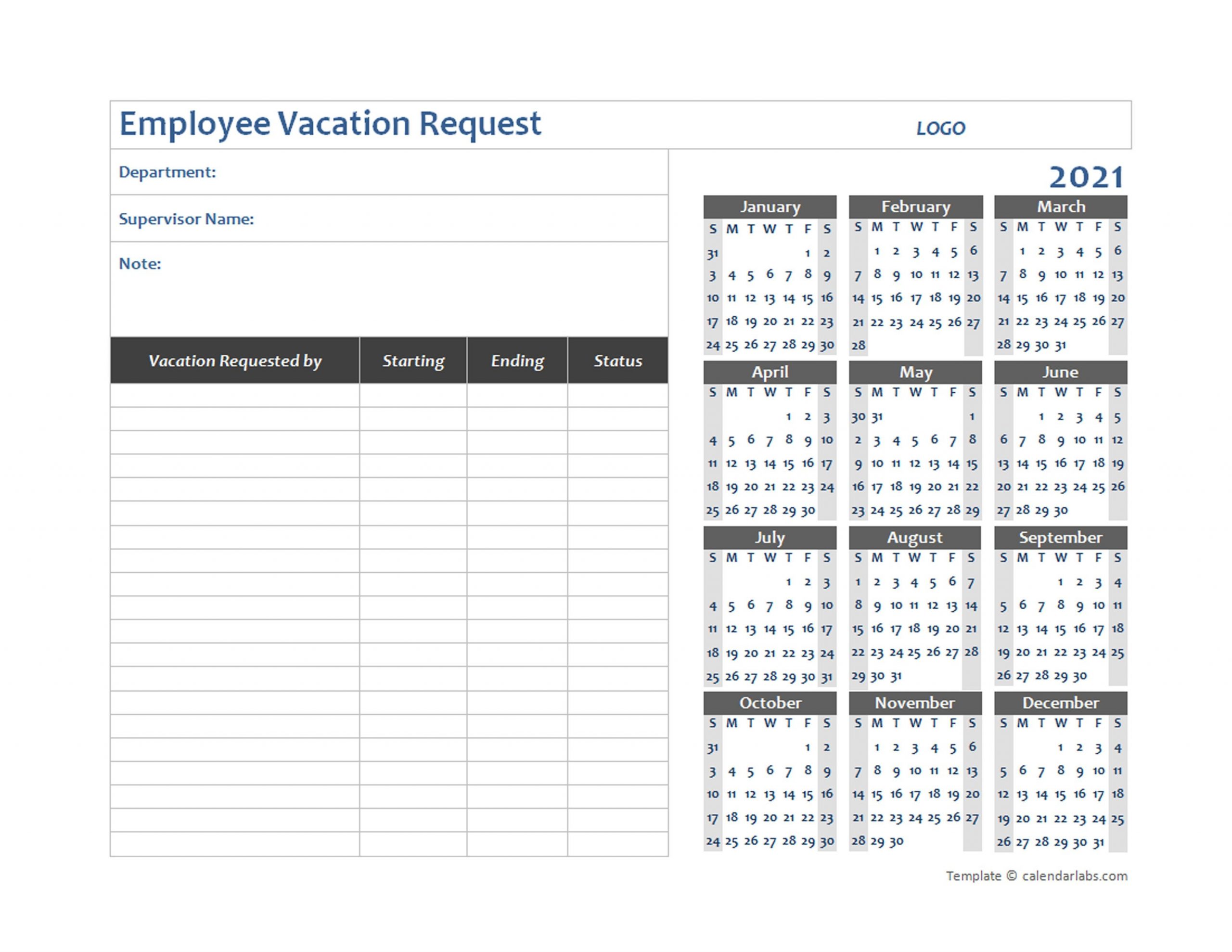 2021 business employee vacation request free printable