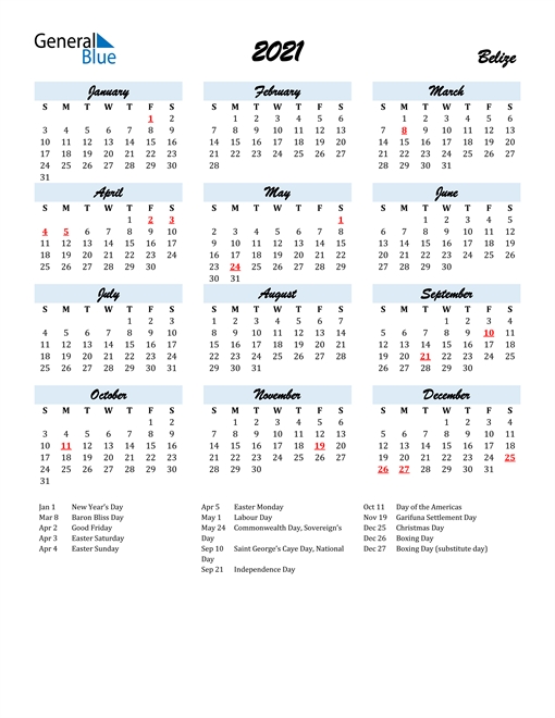 2021 Calendar Belize With Holidays
