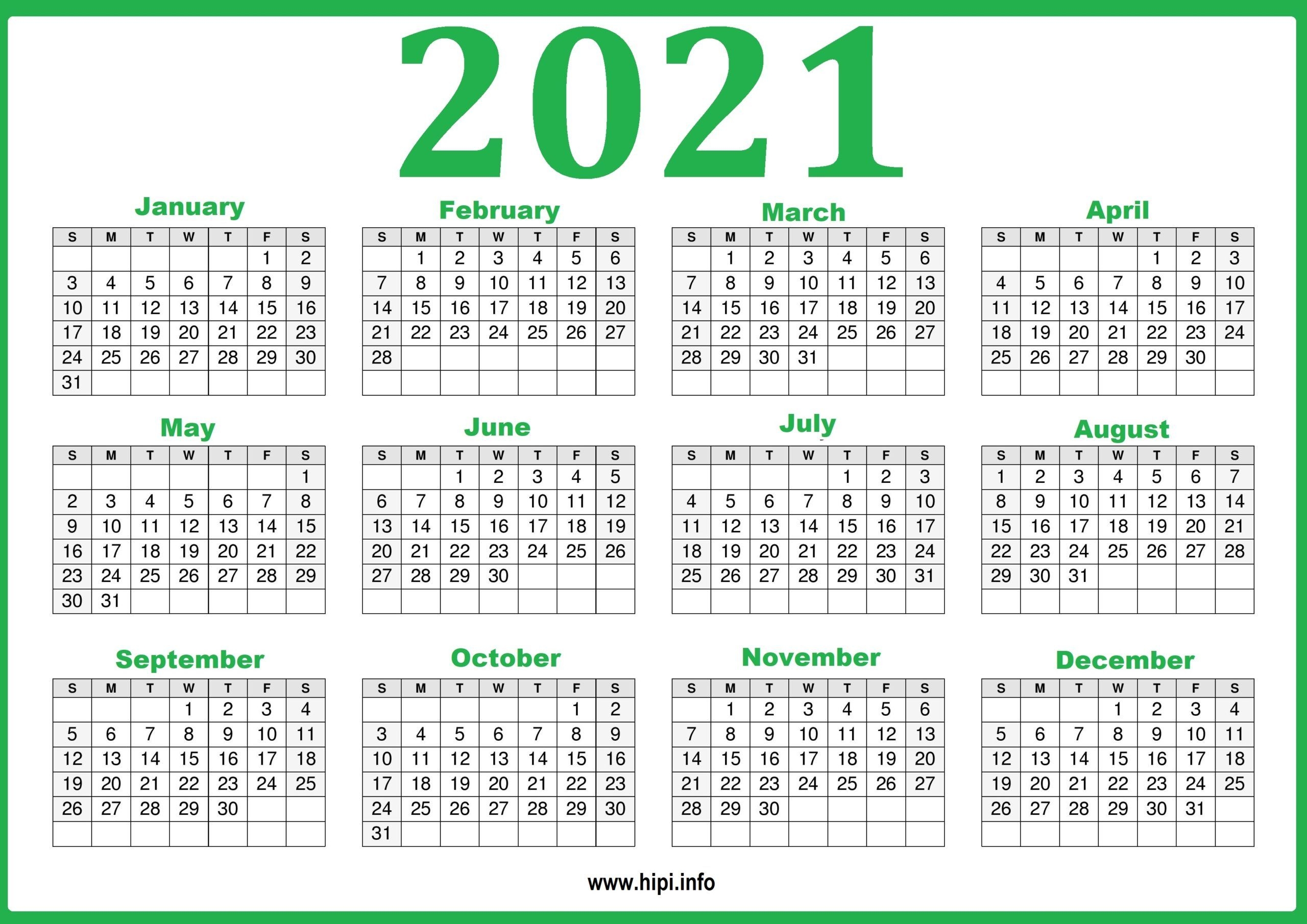 2021 Calendar Printable Yearly Template Hipi