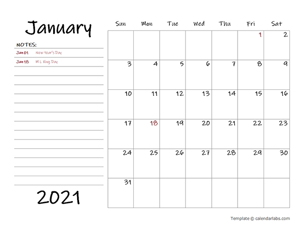 2021 Calendar Template With Monthly Notes Free Printable