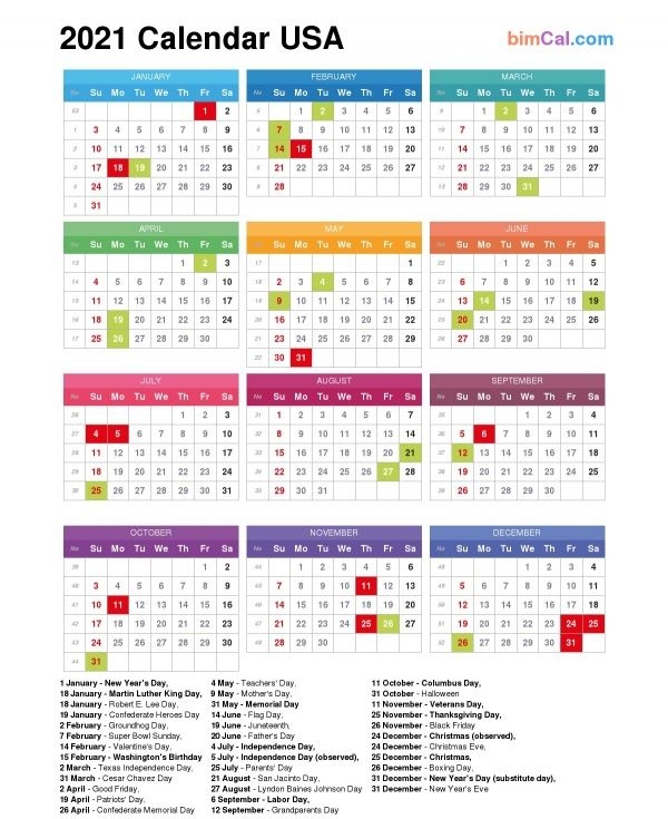 2021 Calendar Usa Bimcal