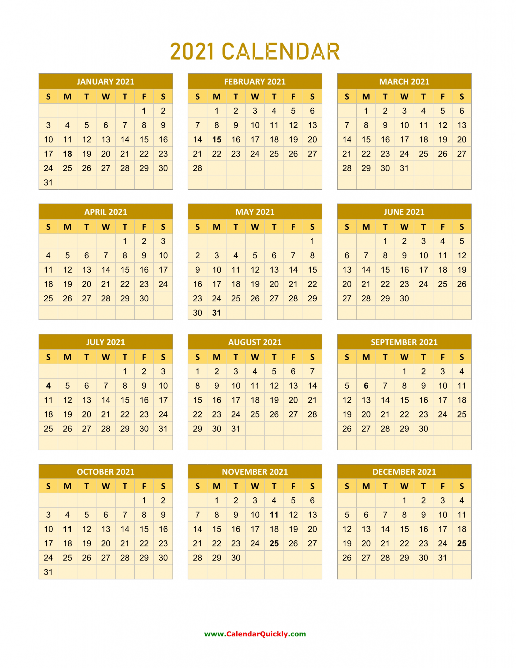 2021 Calendar Vertical | Calendar Quickly