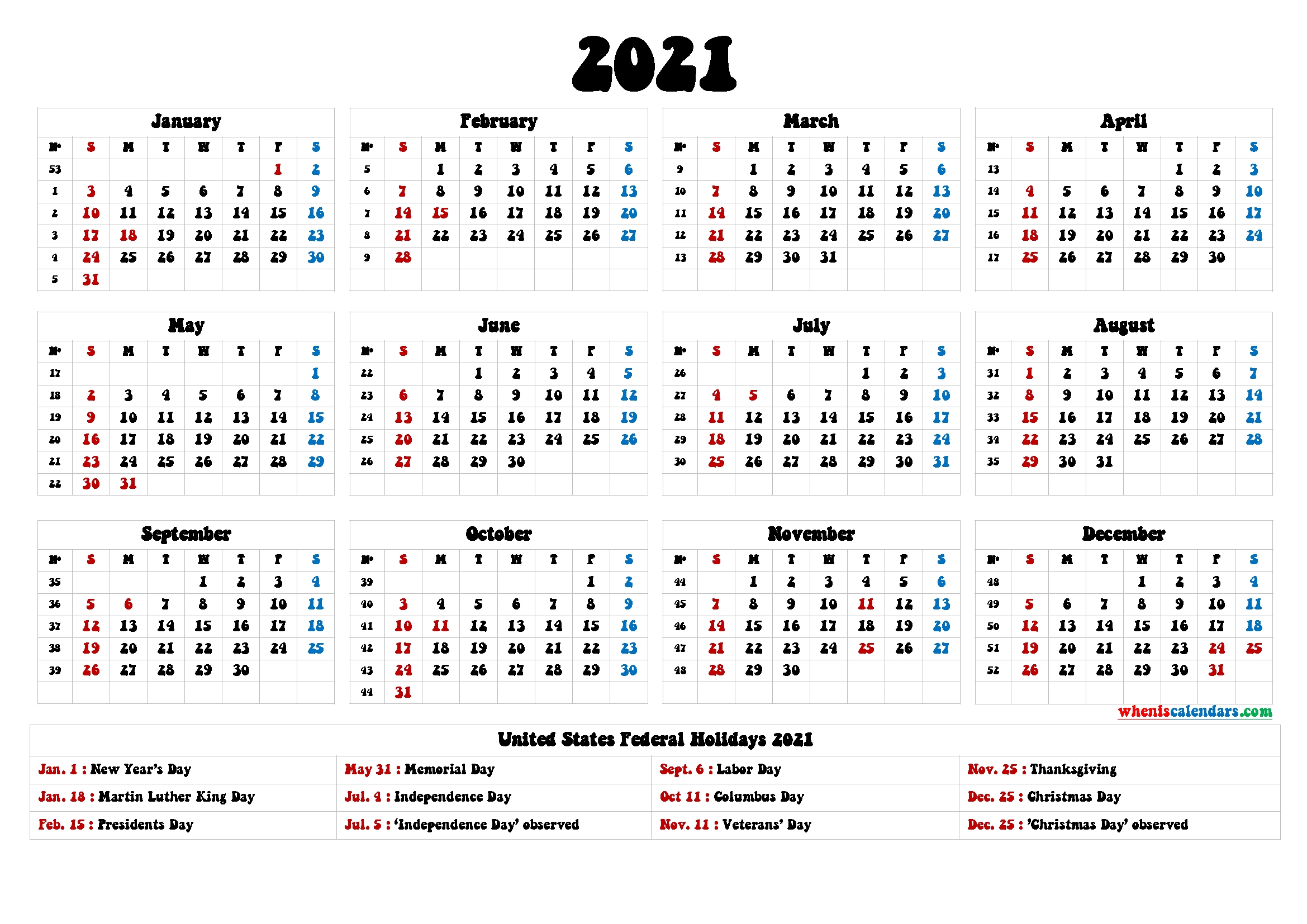 2021 calendar with holidays printable 6 templates | free