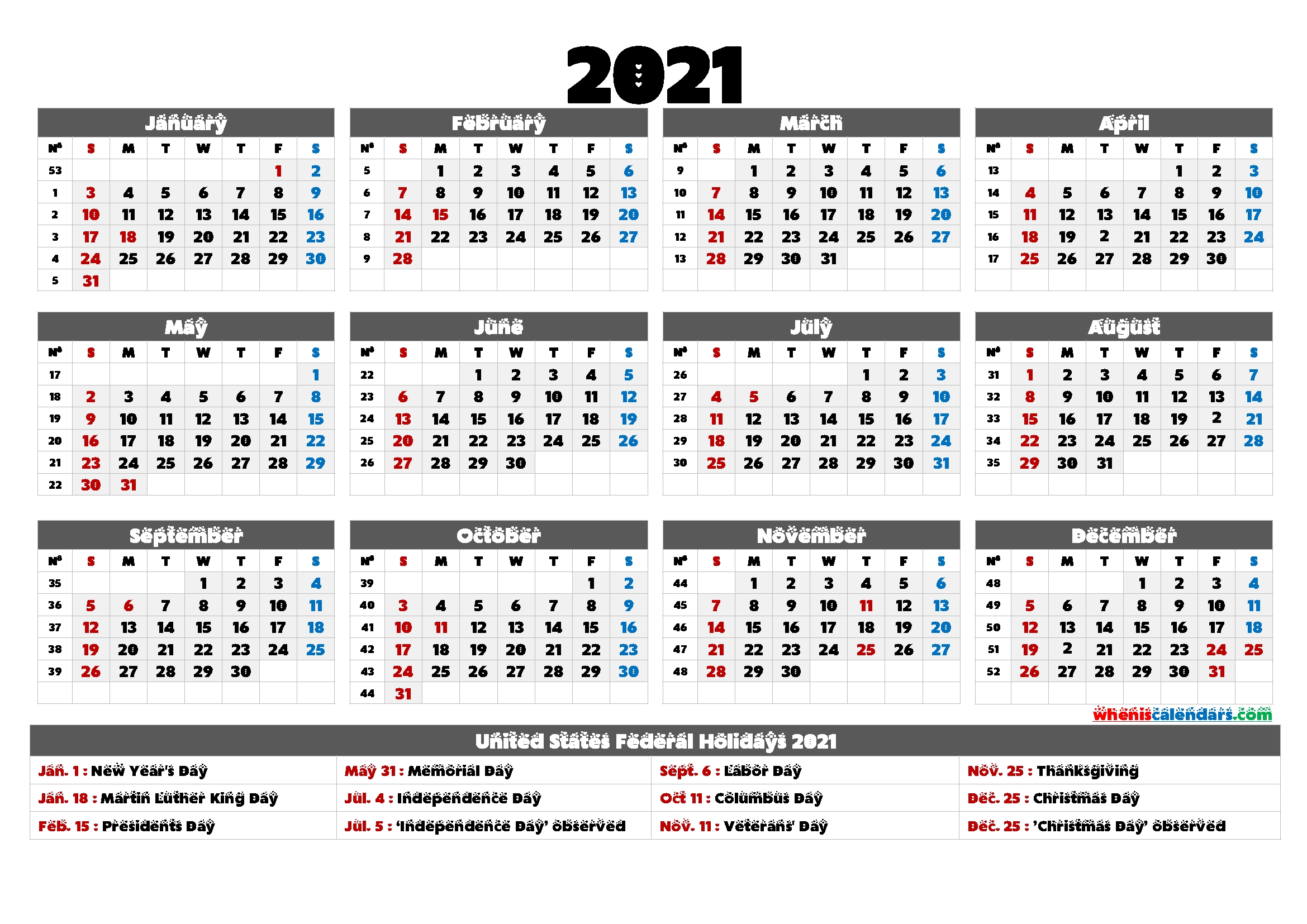 2021 Calendar With Holidays Printable 6 Templates | Free