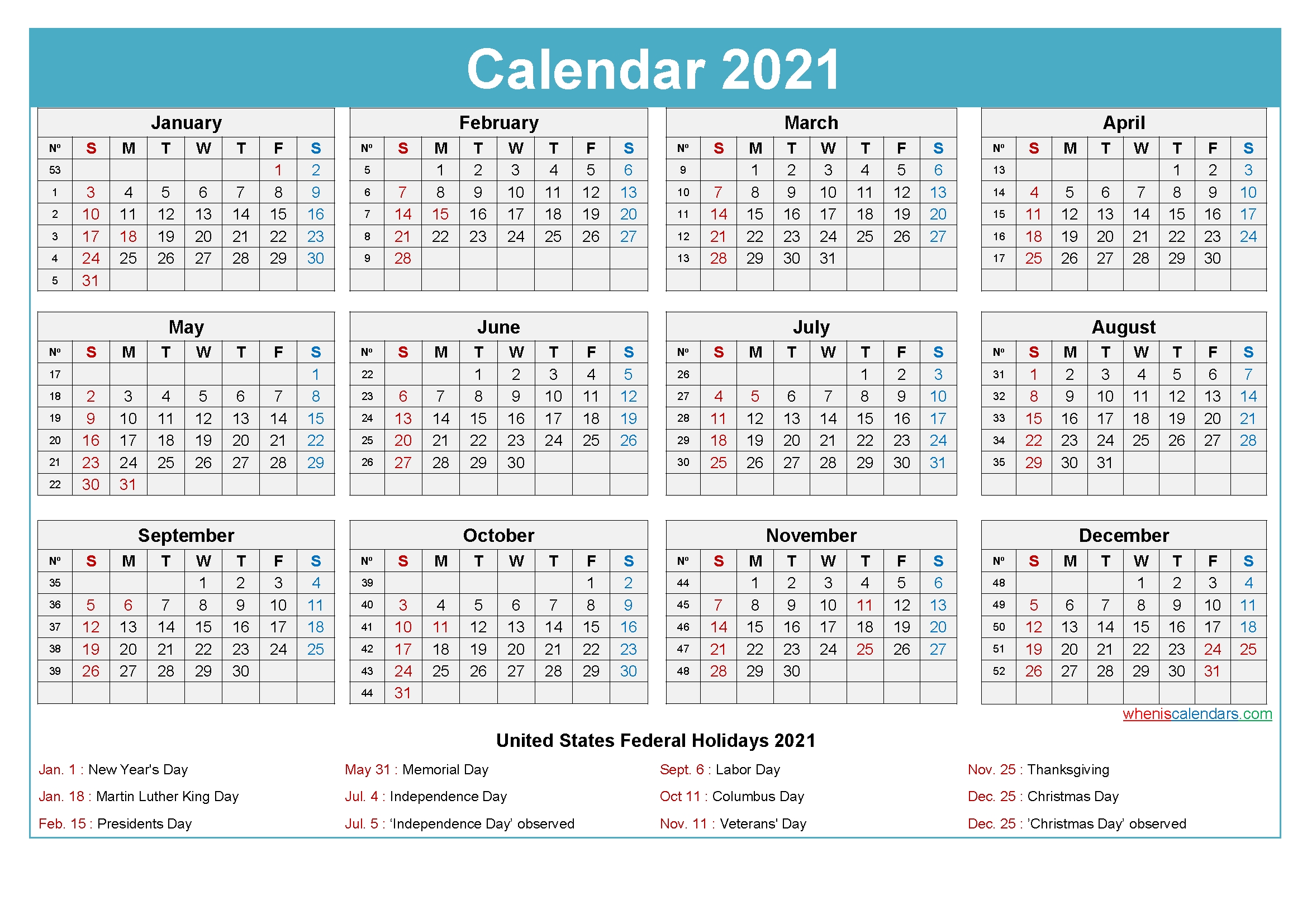 2021 calendar with holidays printable word, pdf | free