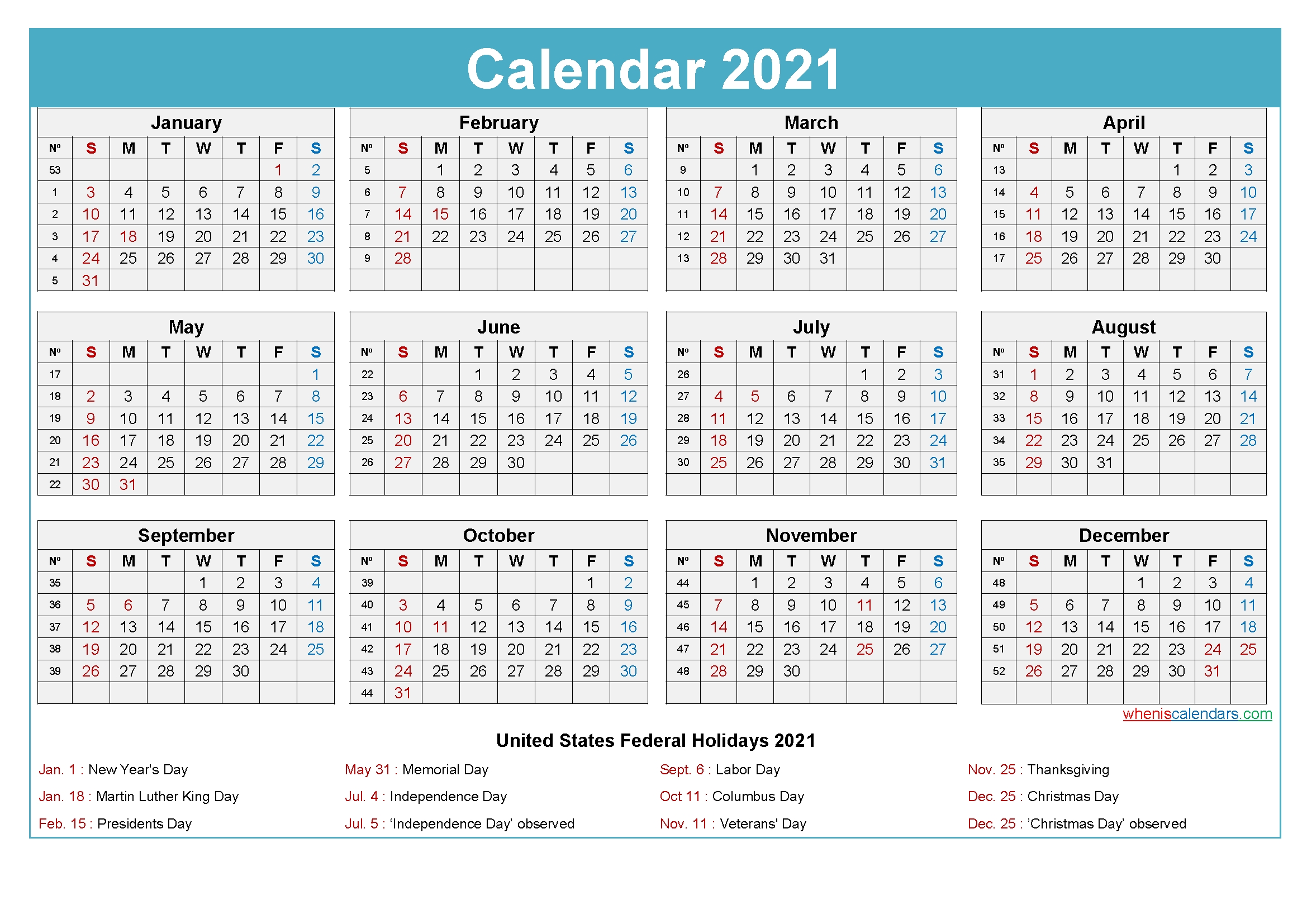 2021 Calendar With Holidays Printable Word, Pdf | Free