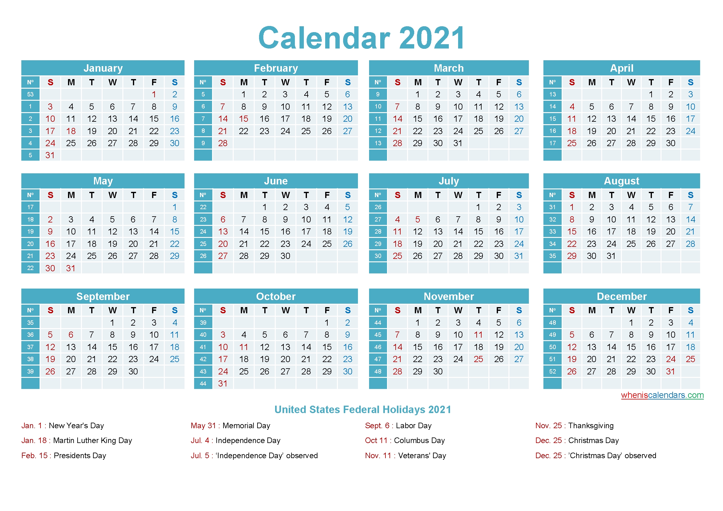 2021 Calendar With Holidays Printable Word, Pdf