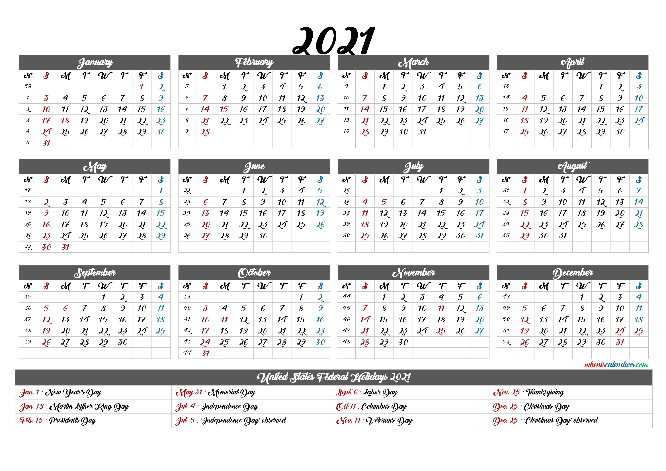 2021 calendar with week numbers 6 templates