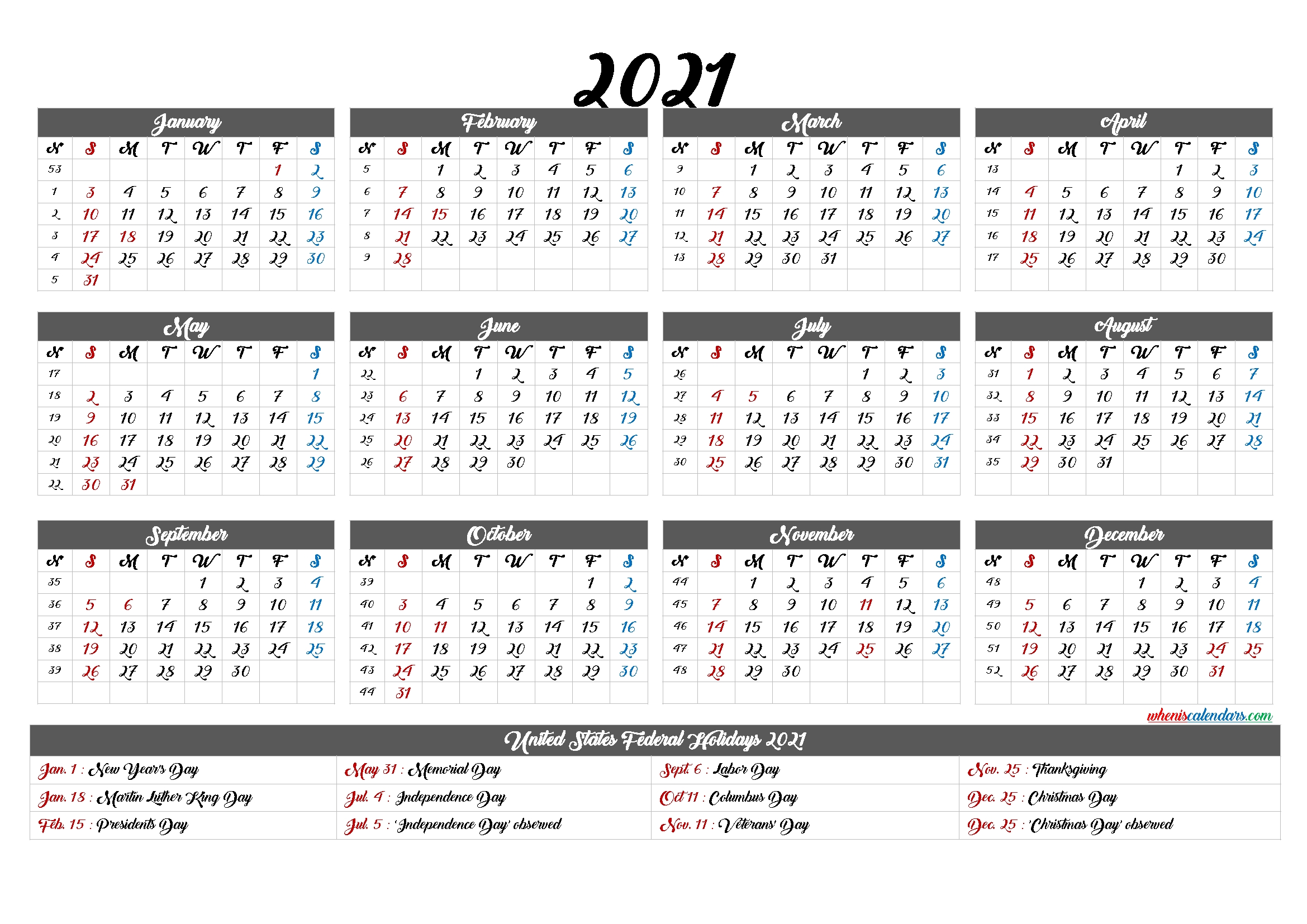 2021 Calendar With Week Numbers 6 Templates