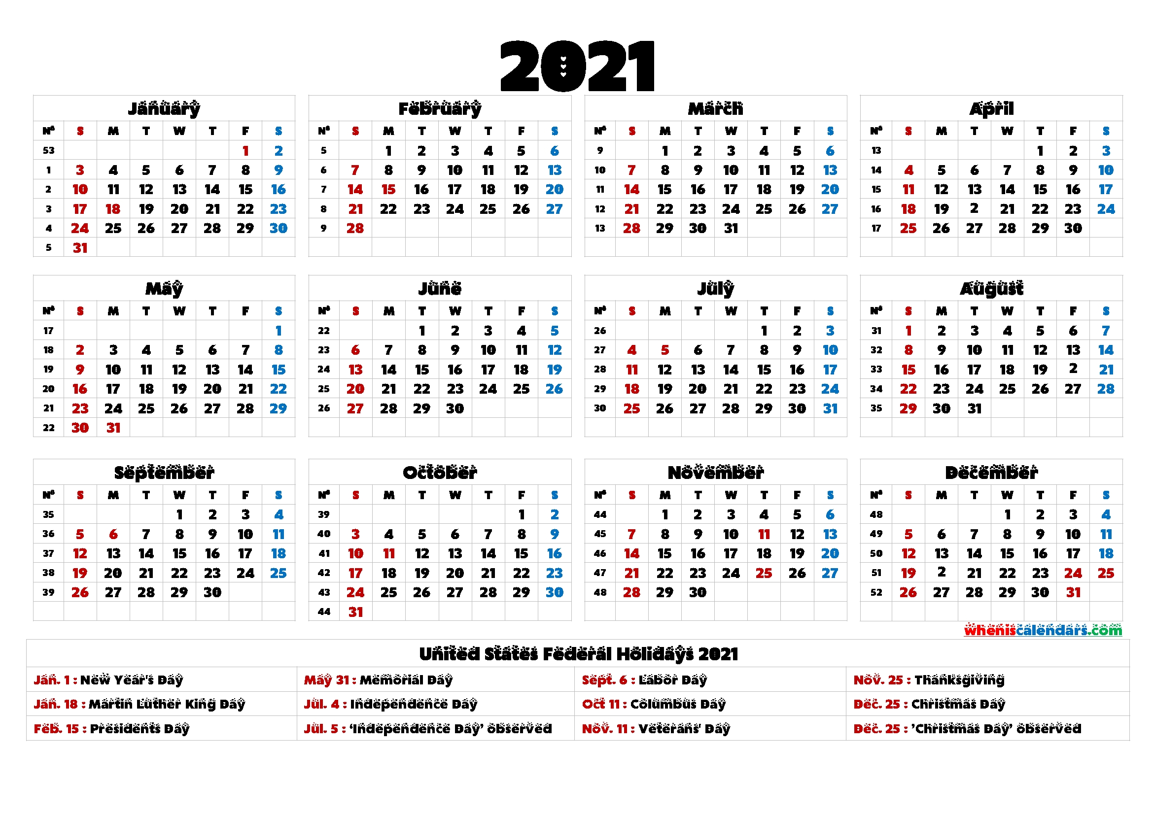 2021 Calendar With Week Numbers Printable 6 Templates