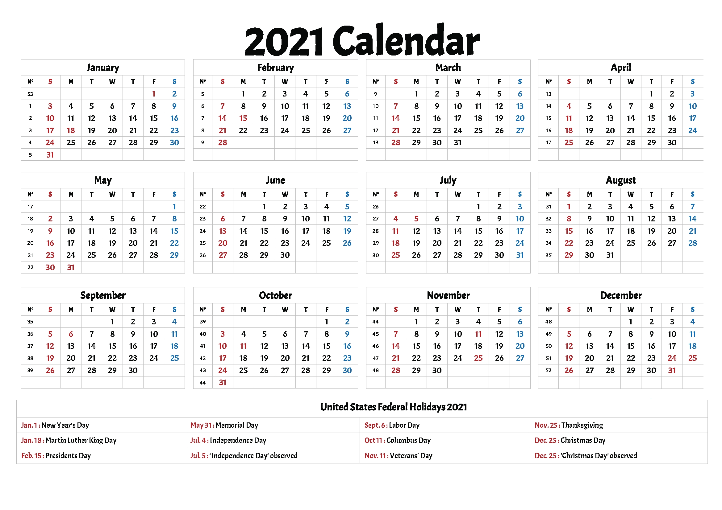 2021 calendars with holidays printable printable calendar