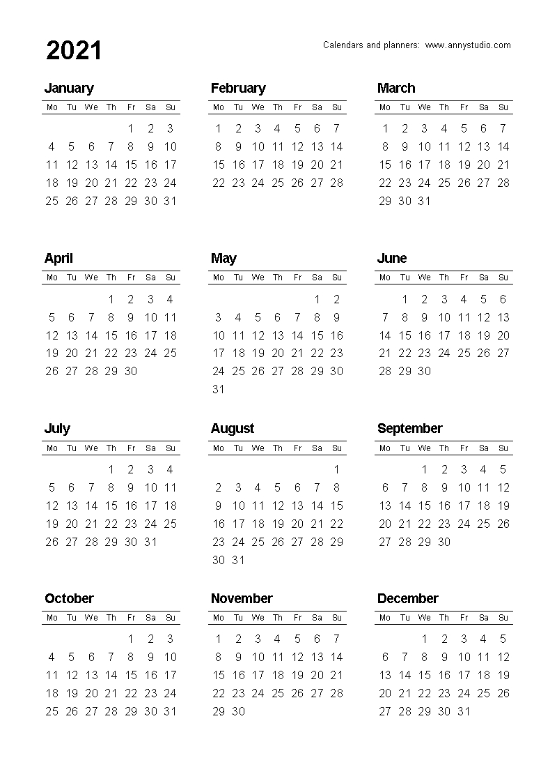 2021 Full Year Calendar Template Calendar Design