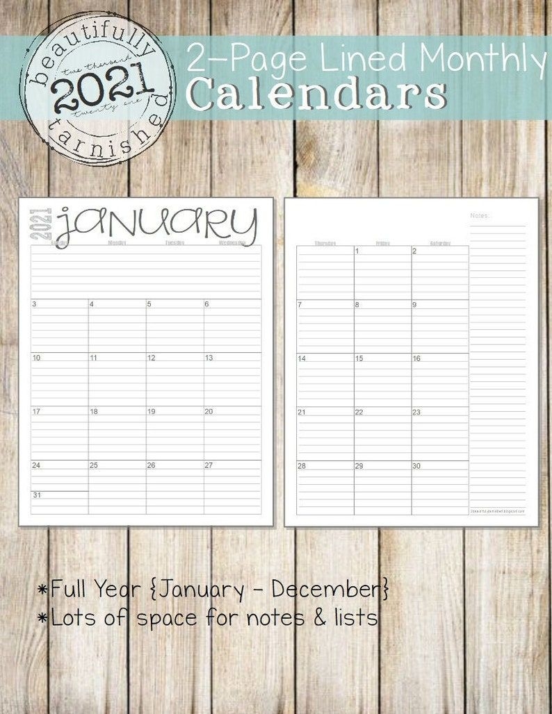 2021 monthly 2 page lined calendars full year printable | etsy