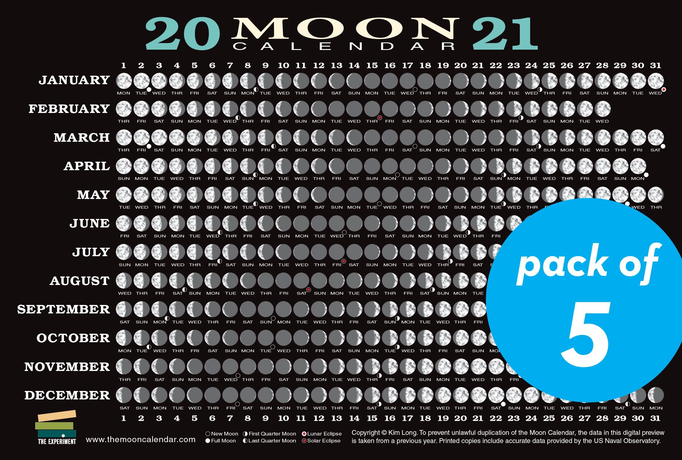 2021 moon calendar card (5 pack) : lunar phases, eclipses