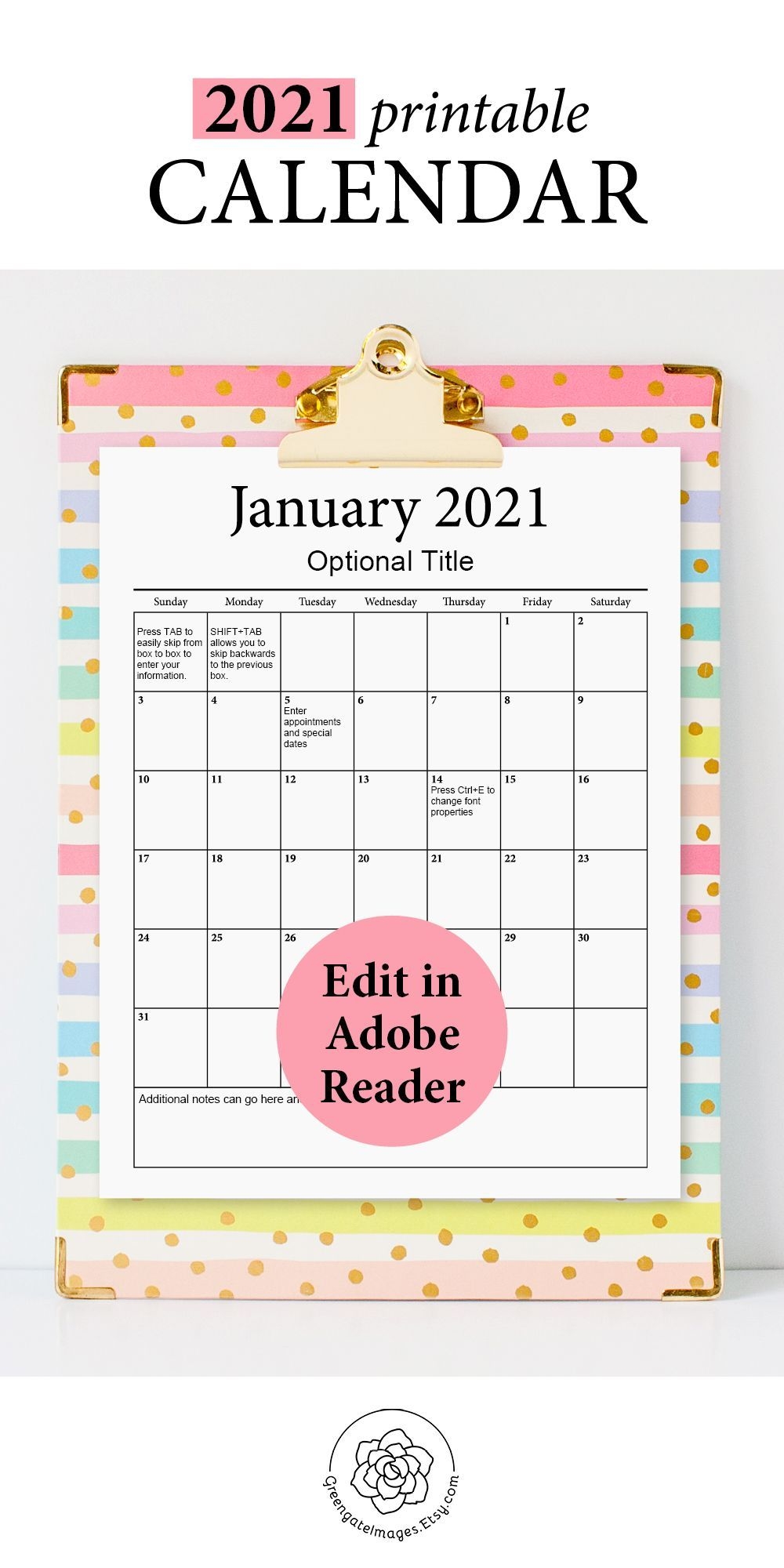 2021 Printable Calendar Fillable Planner, Editable Pdf