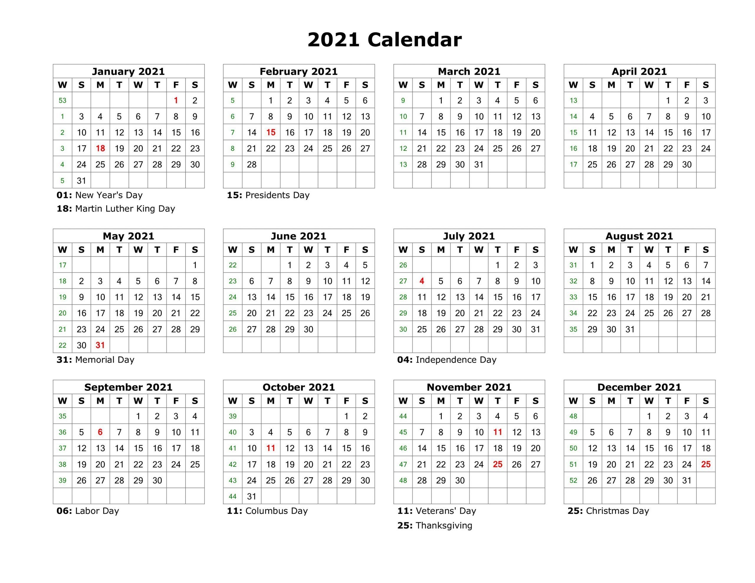 2021 printable calendar one page