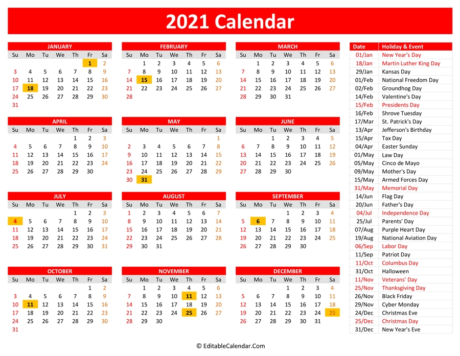 2021 printable calendar with holidays