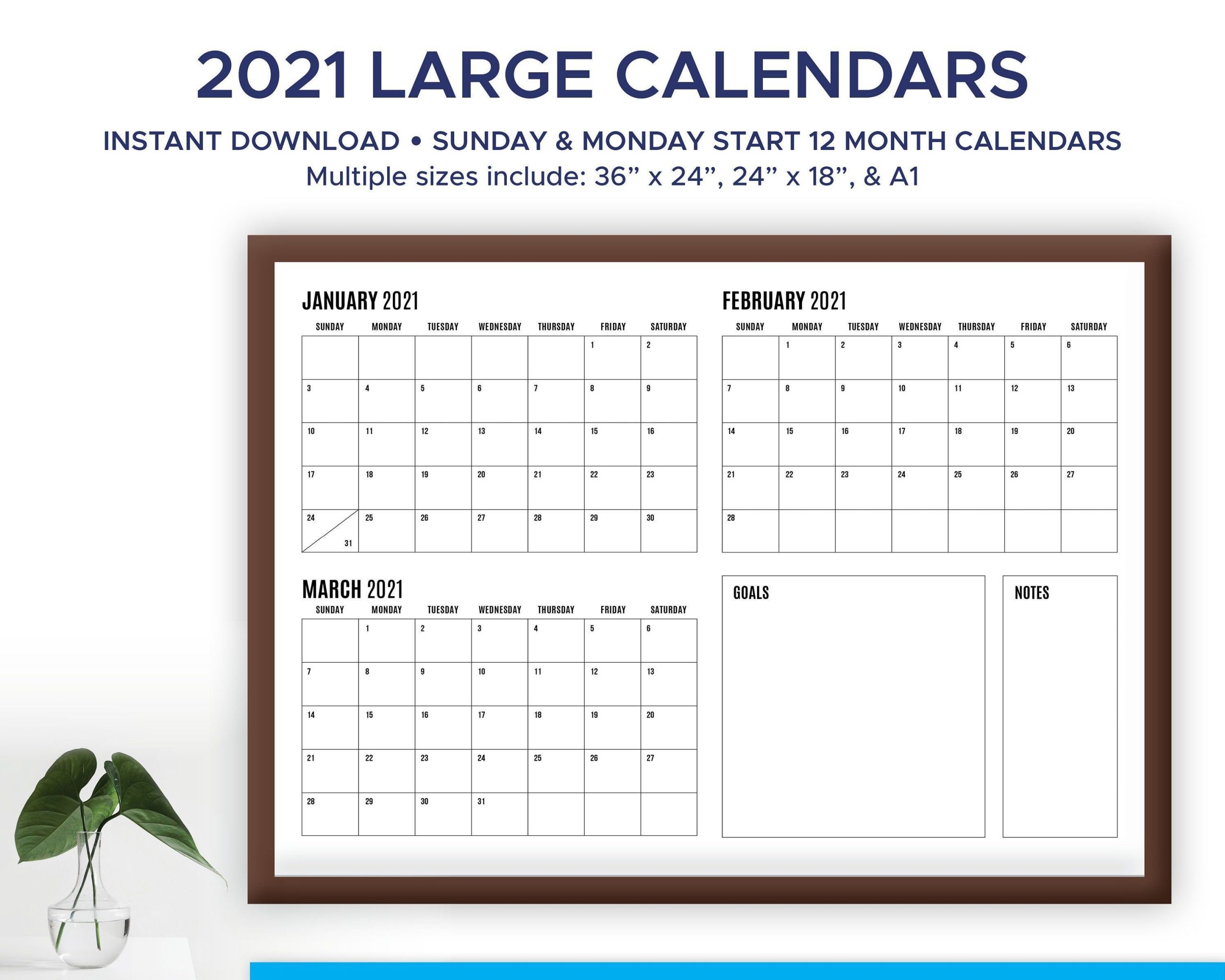 2021 printable modern large format quarterly wall calendar