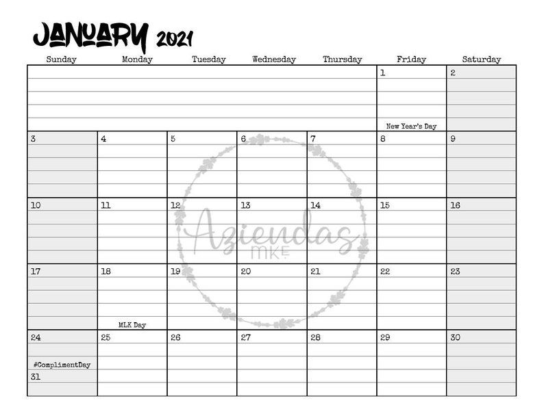 2021 Printable Monthly Calendar 12 Months Instant Download