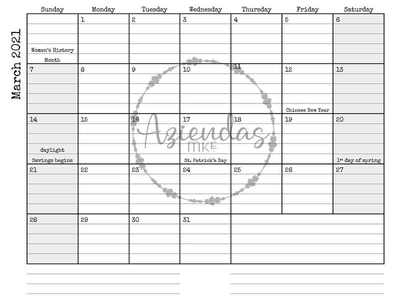 2021 Printable Monthly Calendar 12 Months Instant Download