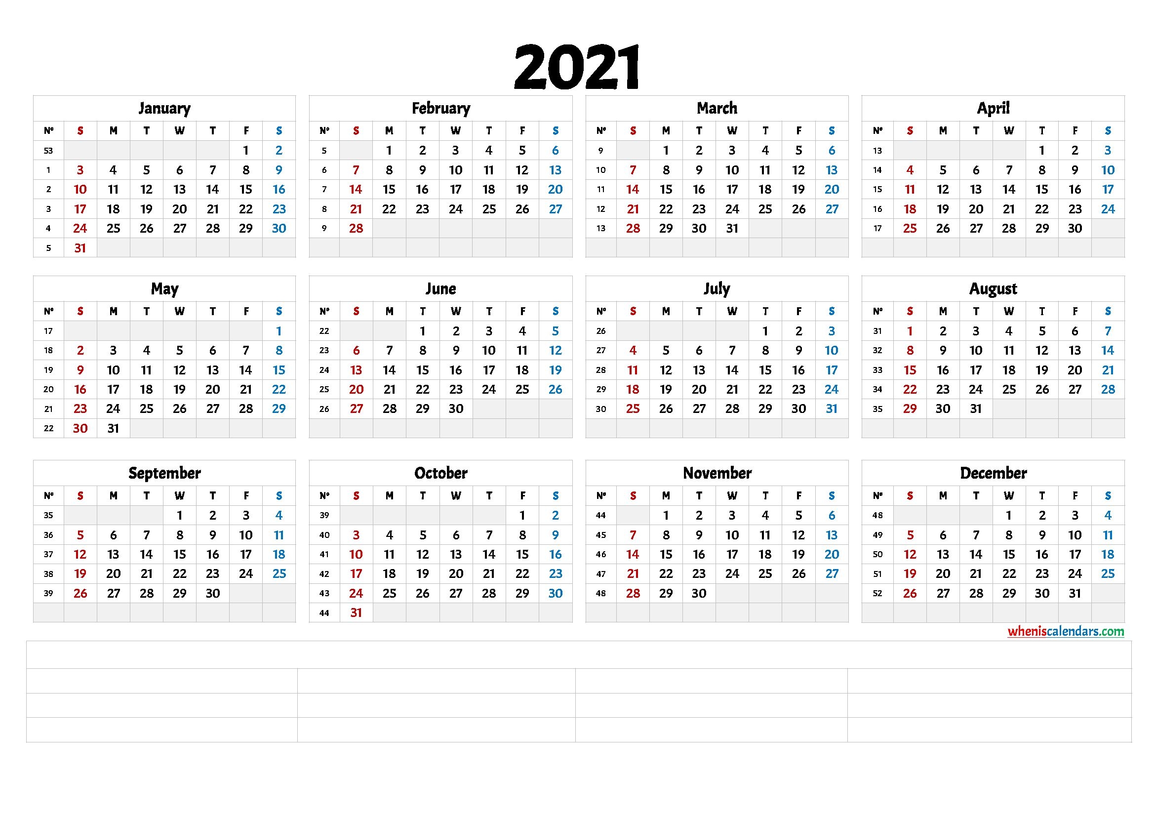 2021 Printable Yearly Calendar With Week Numbers