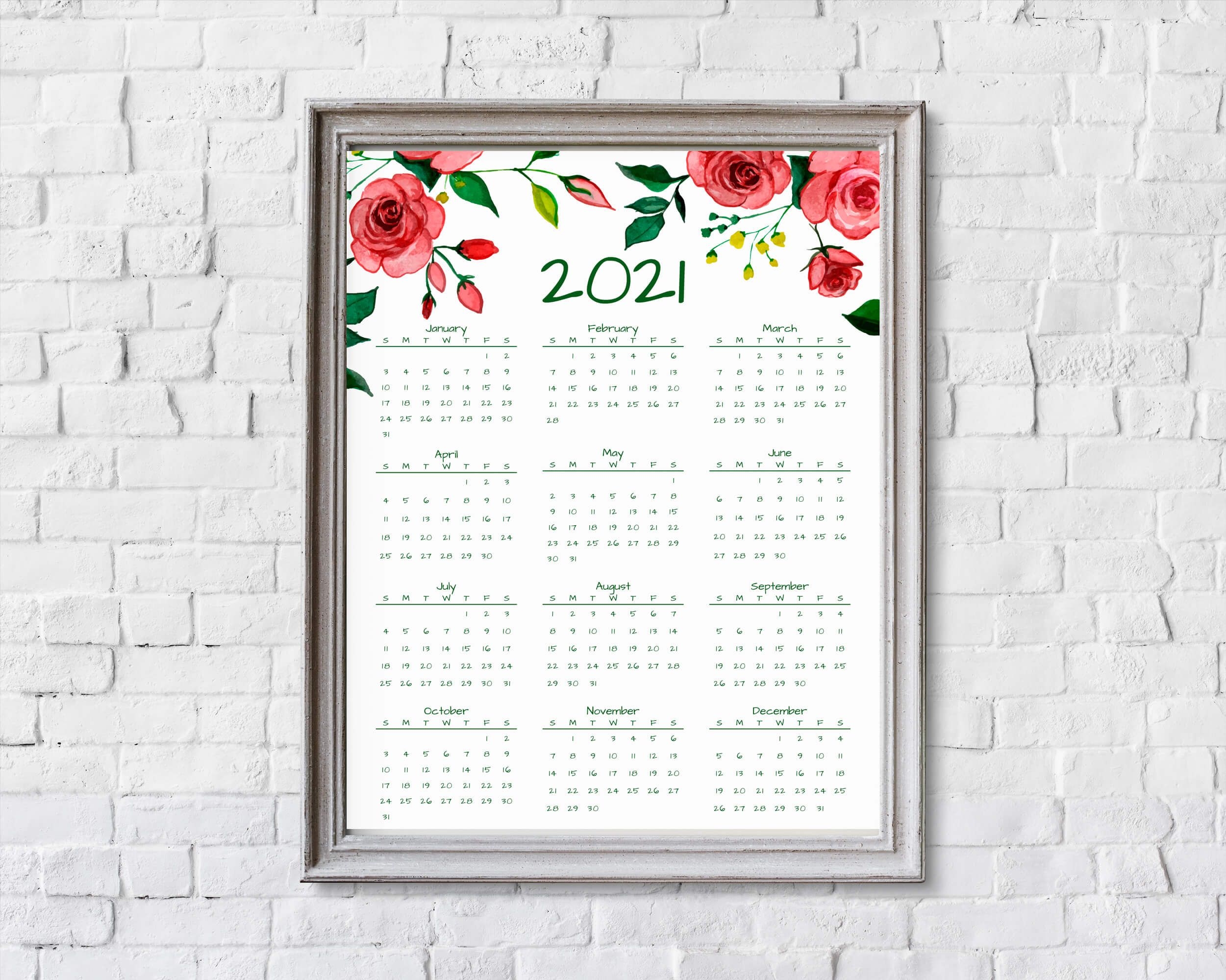 2021 year at a glance calendar | red roses | printable