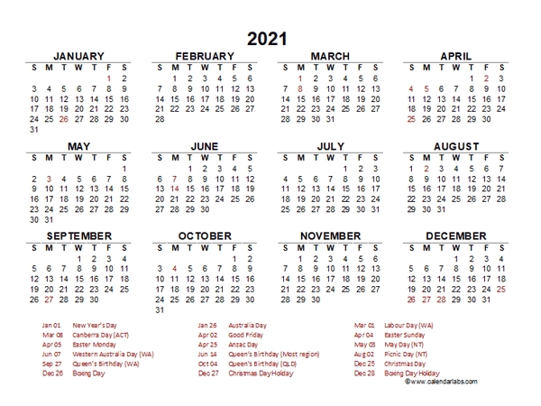 2021 year at a glance calendar with australia holidays