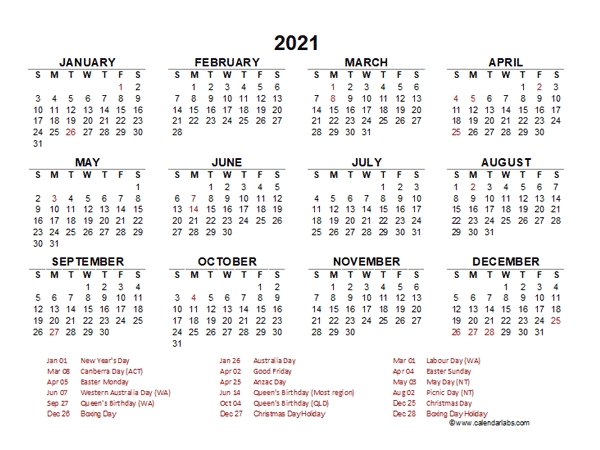 2021 Year At A Glance Calendar With Australia Holidays