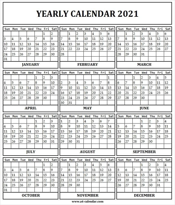 2021 Yearly Calendar Printable One Page A4 Calendar