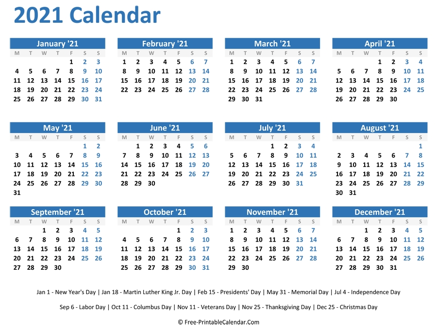 2021 Yearly Calendar