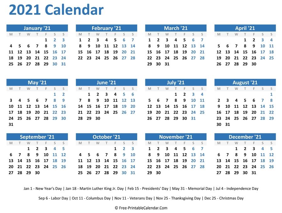 2021 yearly calendar