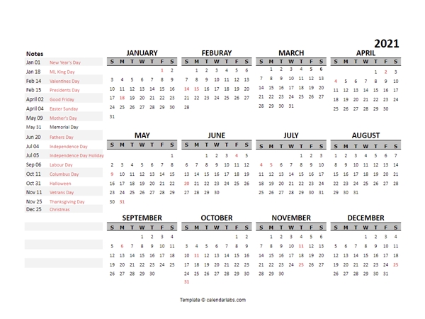 2021 Yearly Google Docs Calendar Template Free Printable