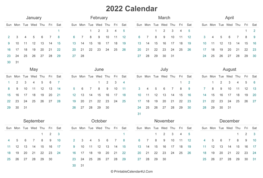 2022 Calendar Printable (landscape Layout)
