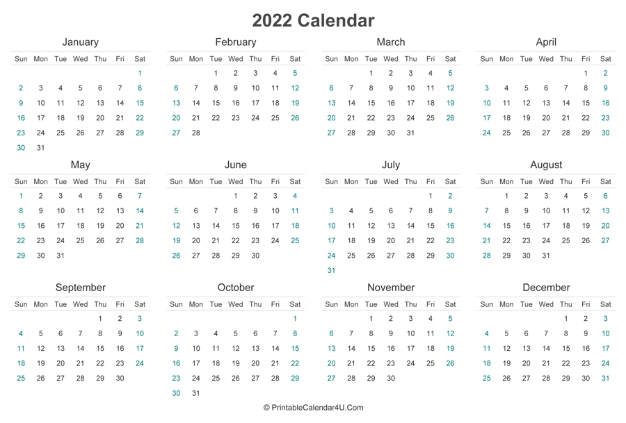 2022 calendar printable (landscape layout)