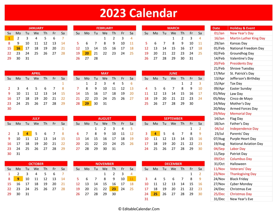 2023 printable calendar with holidays