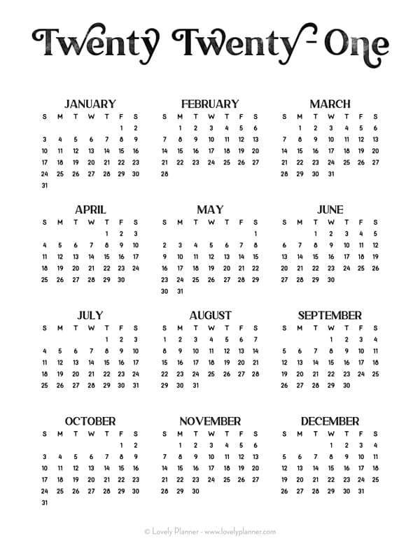 24 Pretty (& Free) Printable One Page Calendars For 2021