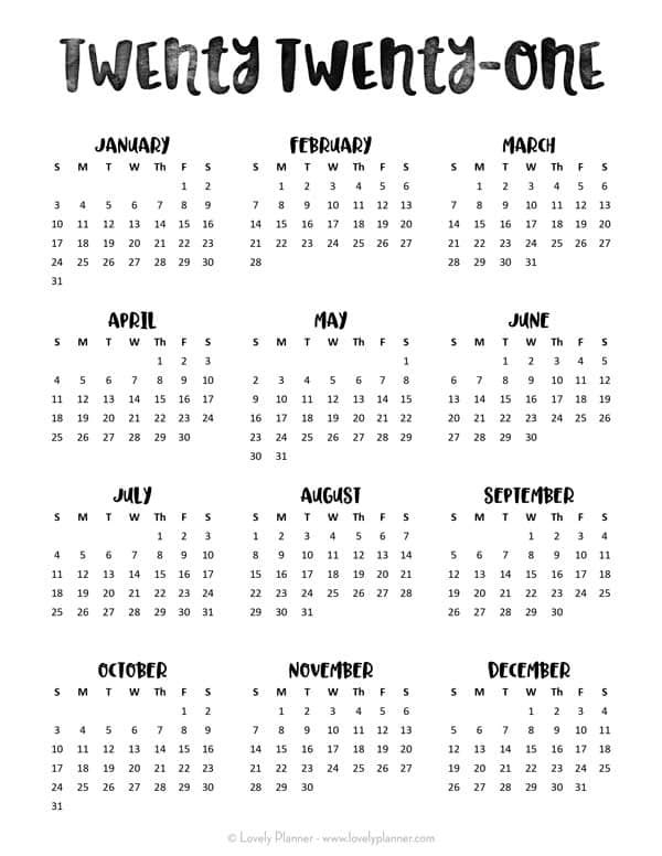 24 Pretty (& Free) Printable One Page Calendars For 2021