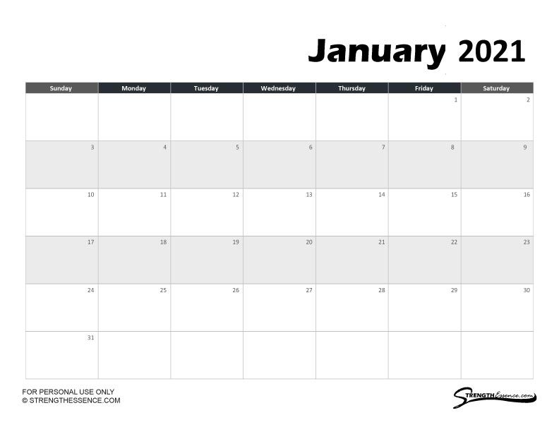 3 Free Printable January 2021 Calendar Pdf Strength Essence