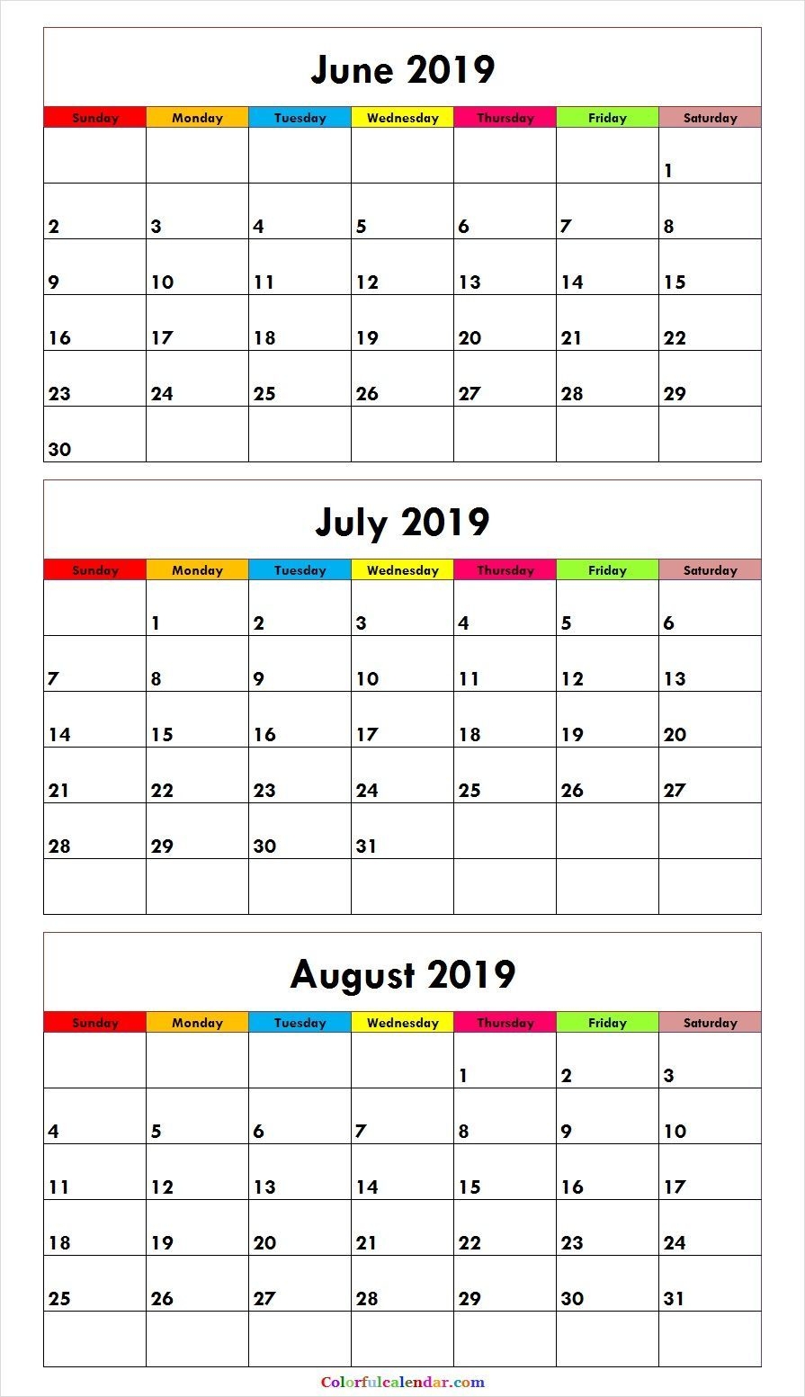 3 Month June July August 2019 Calendar Green | August