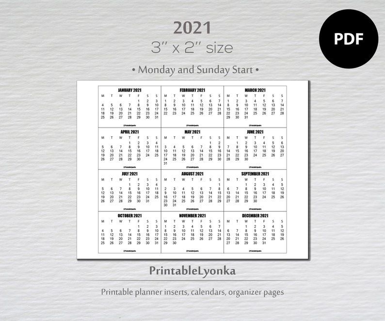 3 X 2 Inch Mini Calendars 2021/ Small Printable Calendar