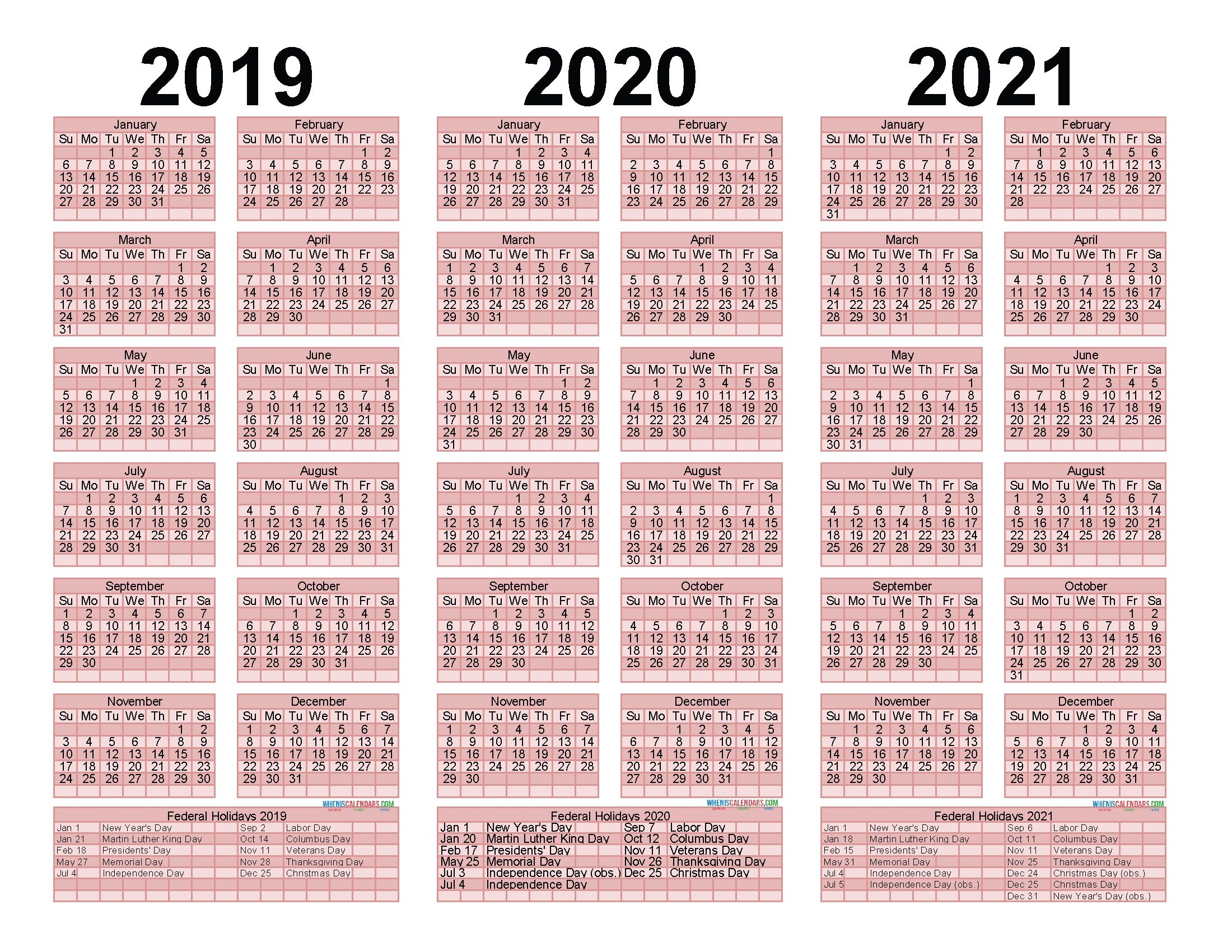 3 Year Calendar 2019 To 2021 Printable With Holidays