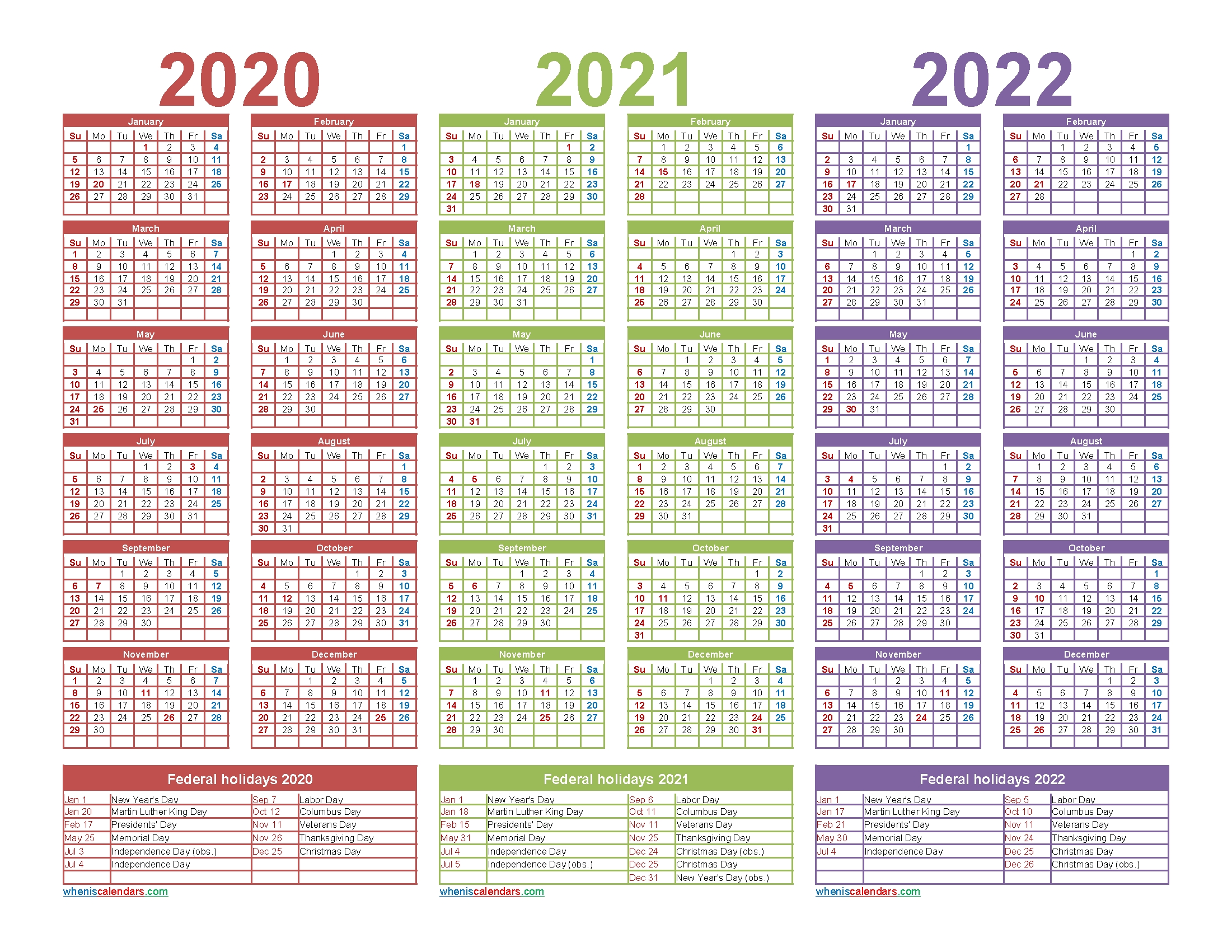 3 year calendar 2020 to 2022 printable free printable
