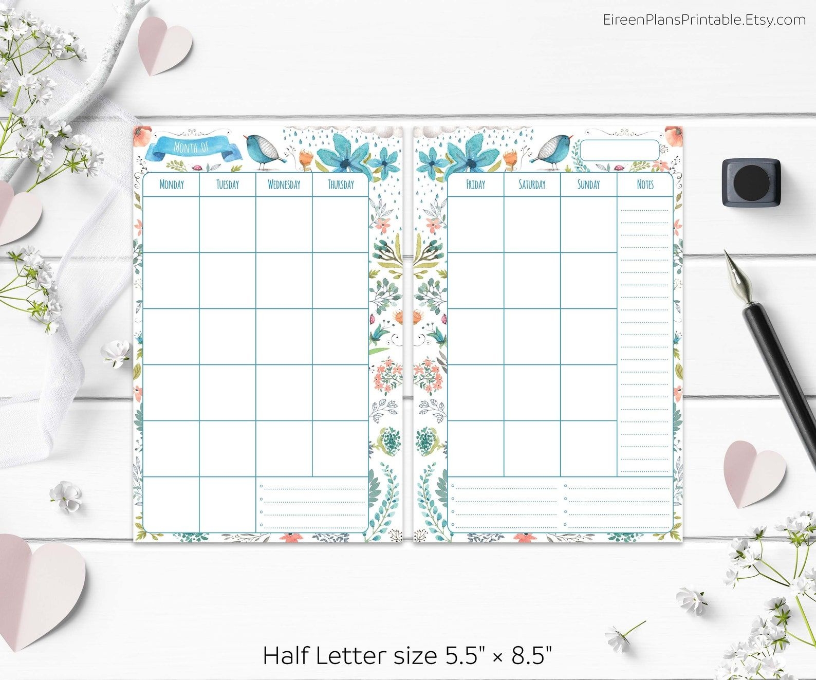 5 5 X 8 5 Undated Monthly Planner Printable Refill