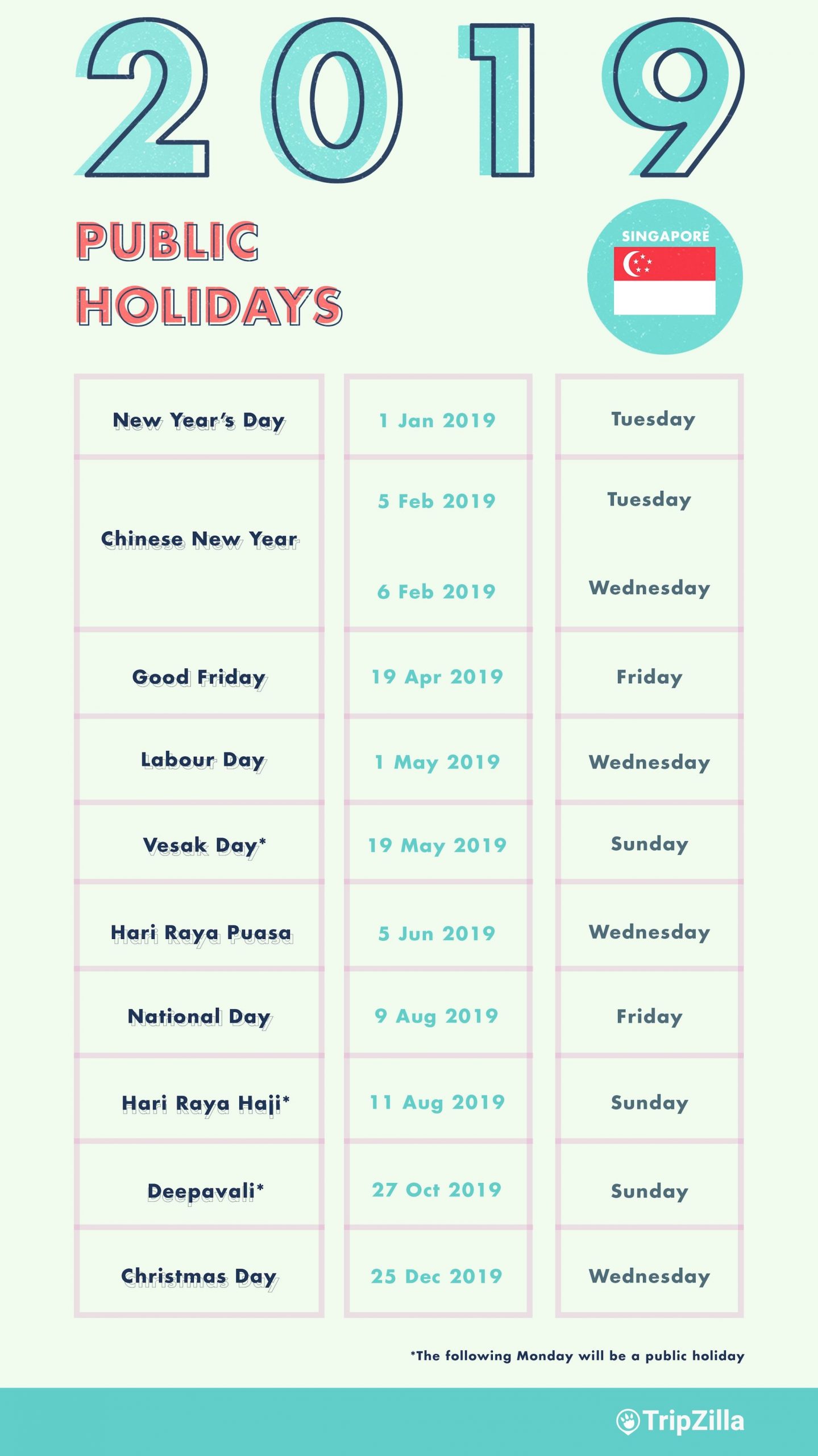 6 long weekends in singapore in 2019 (bonus calendar